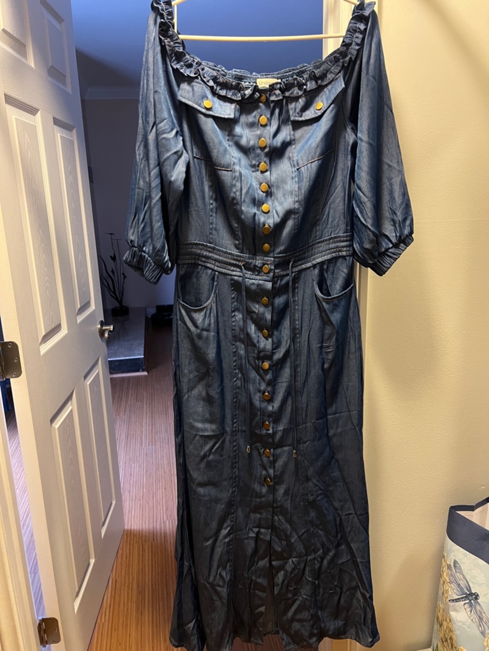 Off-Shoulder Denim Maxi Dress with Button Front - Blue